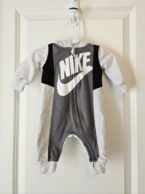 Nike Grey, Black and White Hooded Baby One-Piece Footie